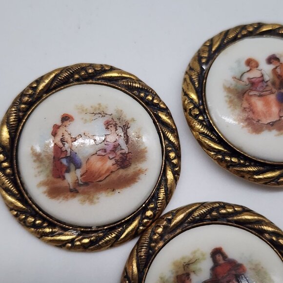 Vintage Porcelain Pendant on Brass Frame Embellishments Courting Couple Set of 8 - Picture 6 of 9